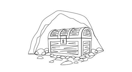 Treasure chest hidden inside a cave with rocks, hand-drawn illustration. © Azizi
