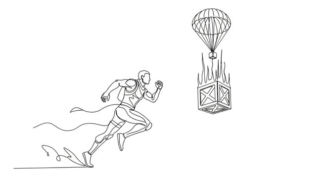 Superhero running fast towards burning cargo falling from parachute