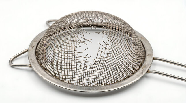 Broken metal mesh strainer with a hole on a white background
