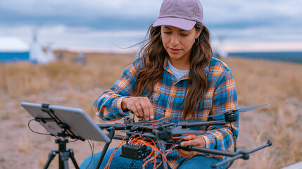 Obraz premium Young Latina engineer calibrating sensors on a drone prototype at an outdoor test field, tablet mounted on a tripod beside her for data logging, overcast dramatic sky above the open landscape, her f