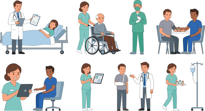 Medical Healthcare Characters Bundle with Doctors Nurses Elderly Patient in Wheelchair Blood Pressure Test Treatment and Hospital Checkup Vector Illustration