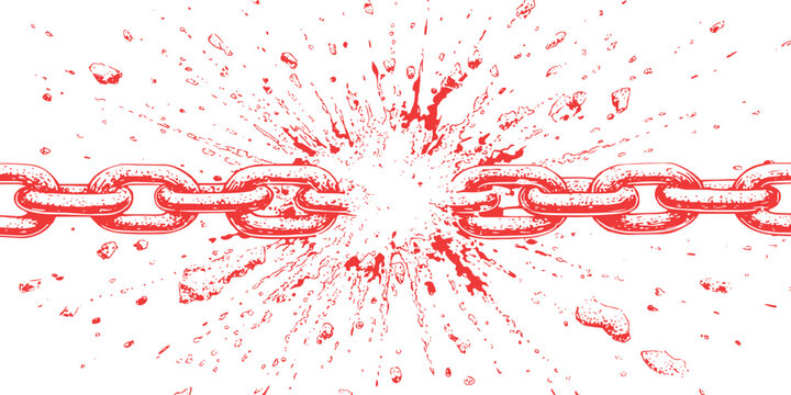 Red breaking heavy chain with explosive splatter effect freedom and liberation concept vector illustration background.