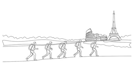 Obraz premium Tourists Trekking Past Landmarks: Eiffel Tower and Colosseum Line Art