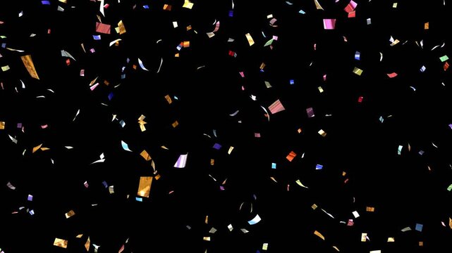 Multicolor Confetti party explosion animation, 3D animation of exploding confetti falling on birthday party celebration. confetti rain effect overlay transparent screen alpha channel.
