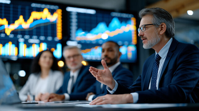 Boardroom of senior executives from visibly different ethnic backgrounds and age groups reviewing quarterly financial projections on a shared wall display, no single figure dominating the frame, col