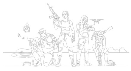 Obraz premium Diverse Group of Adventurers with Weapons and Drone, Ready for Action