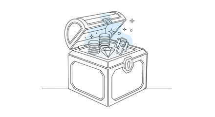 Open Treasure Chest Filled with Gold Coins, Diamonds, and Gems - Line Art © Azizi