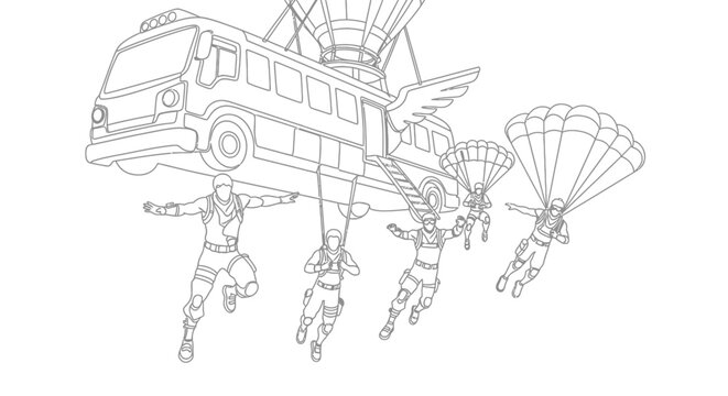 Battle Bus Aerial Drop Parachuting Gamers Skydiving Action