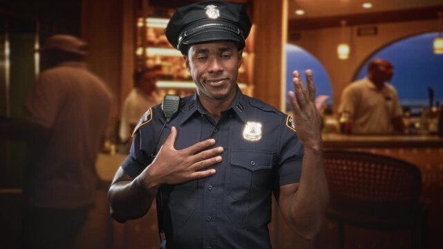 Man police officer with hand on chest and raised palm gesture in building bar interior; duty trust honor.