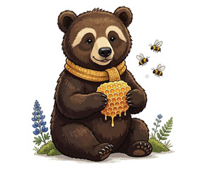 Cute bear cub with honey comb and bees wearing scarf in nature. © Farida