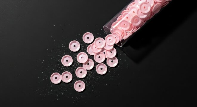 Pink Sequins Spilling from a Clear Tube onto a Black Surface, Craft and Fashion Background