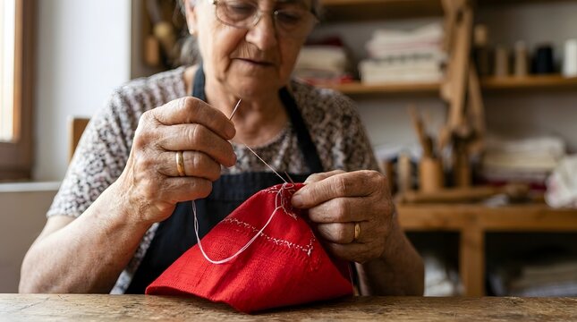 Focused close-up depicts senior woman hand-sewing traditional red fabric, preparing cultural items for san ferm&iacute;n festival, authentic generational craft.