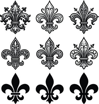 Vintage Fleur De Lis Silhouette Vector Set with Ornate French Royal Lily Heraldic Symbols for Luxury Branding, Coat of Arms Design, and Tattoo Elements