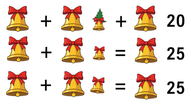 Christmas math brain teaser using gold bells with red bows and small pine trees for counting and addition logic problems.