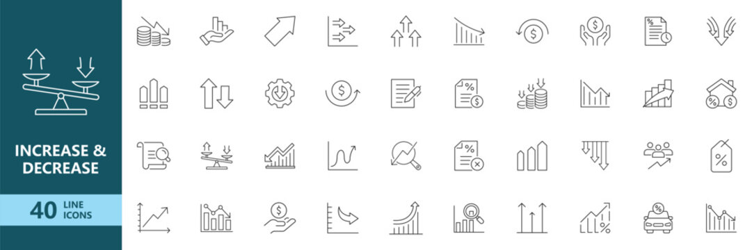 Increase and Decrease Business Growth Icon Set. Outline Icon Collection. Editable Stroke. Vector Illustration