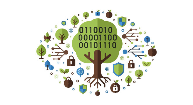 Green Technology and Digital Growth Concept Vector Illustration with Binary Code Tree and Security Icons