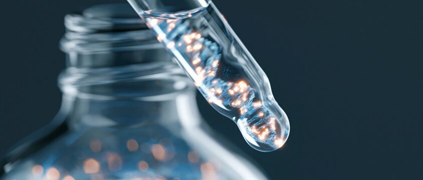 Close up conceptual image of glass serum dropper bottle with a drop of liquid suspended above the opening, illuminated with soft lighting against a dark background