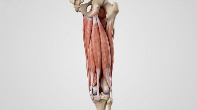 Human thigh anatomy, detailed hamstring muscles, femur, pelvis 