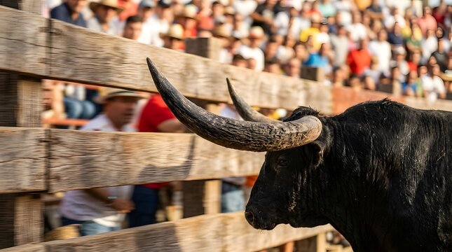 Powerful bull with impressive horns charges past wooden barrier under bright daylight during the energetic san ferm&iacute;n festival for editorial use.