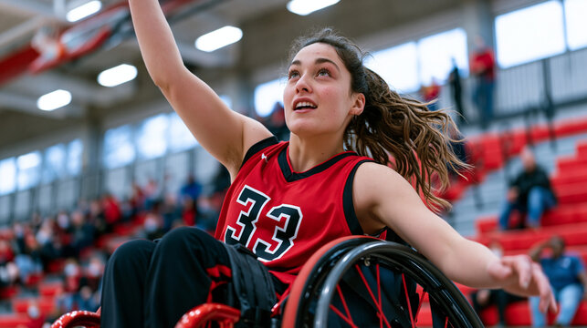 Wheelchair basketball player mid-leap attempting a field goal during an indoor competitive match, gym bleachers visible with spectators in the background, the athletic action framing the image as pu