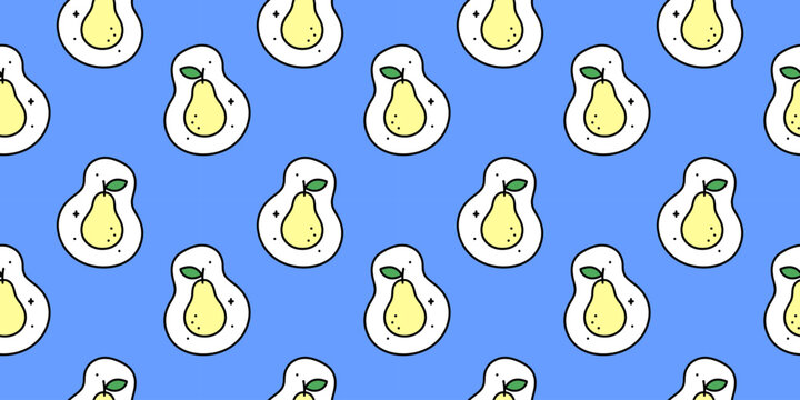 Cute pear seamless pattern with playful cartoon fruits on a pastel blue background. Perfect for fabric, wrapping paper, stationery, nursery decor and packaging.