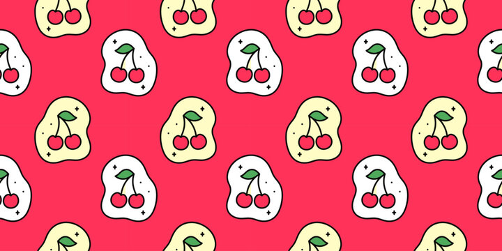 Cute cherry seamless pattern with playful cartoon fruits on a vibrant pink background. Perfect for fabric, wrapping paper, stationery and packaging.