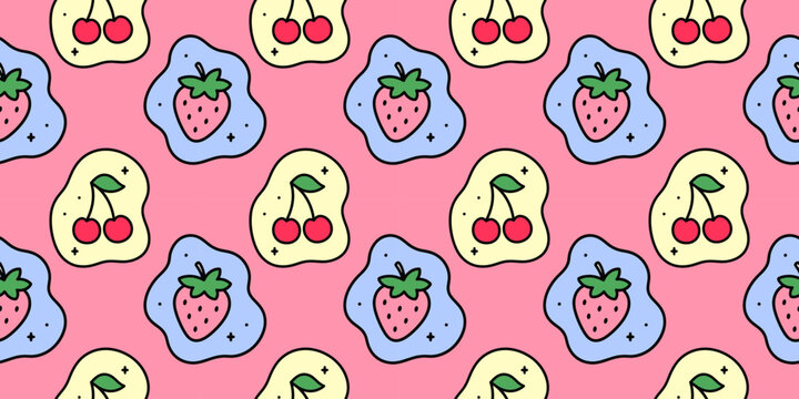 Seamless doodle fruit pattern with cherries and strawberries on a pink background. Perfect for fabric, wallpaper, packaging and stationery.