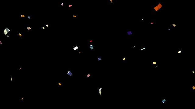 Multicolor Confetti party explosion animation, 3D animation of exploding confetti falling on birthday party celebration. confetti rain effect overlay transparent screen alpha channel.