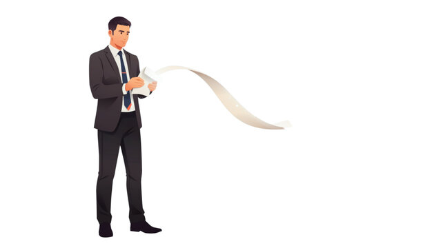 Businessman holding and unrolling a long white scroll or parchment