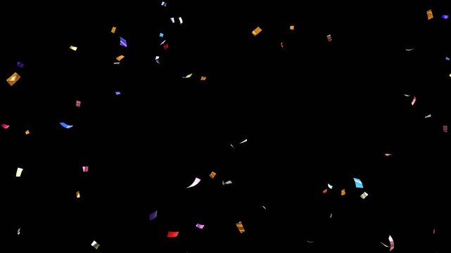 Multicolor Confetti party explosion animation, 3D animation of exploding confetti falling on birthday party celebration. confetti rain effect overlay transparent screen alpha channel.