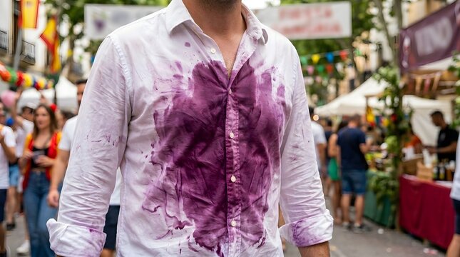 Vibrant close-up of a white shirt heavily stained with red wine during the lively san ferm&iacute;n festival celebration, perfect for editorial use.