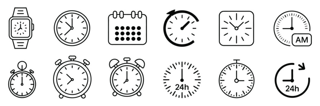 Time and Clock vector icon set featuring Analog Clock Faces, Timer symbols and Circular Arrows for Business and interface design.