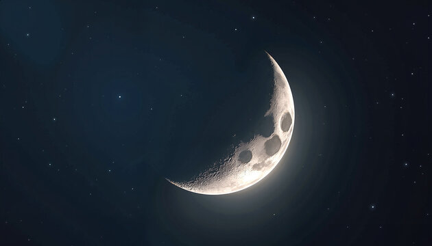 crescent moon illuminated in a dark night sky with scattered stars, concept lunar phases and celestial navigation