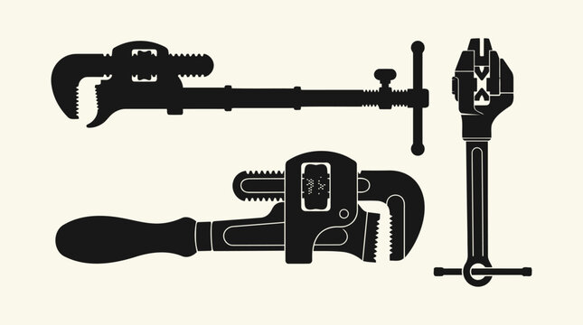 Vintage Pipe Wrench and Plumbing Tools Silhouette Set Vector Illustration