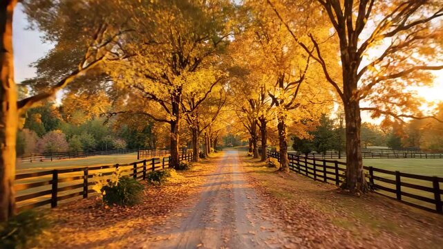 Crisp fall path beneath bronze canopy of hickory trees, drifting leaves and mellow golden hour highlight, peaceful rustic charm