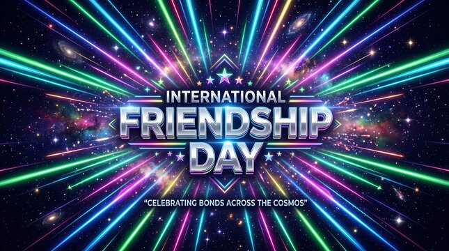 International friendship day neon graphic with glowing lines and celestial elements perfect for social media posts and celebrations