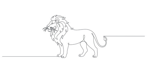 Fototapeta premium Continuous line drawing of a standing lion. Minimalist single line vector illustration of a wild African predator or king of the jungle on a white background