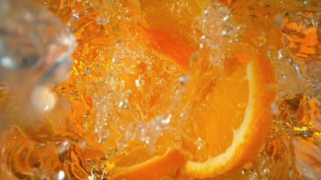 Super Slow Motion Shot of Fresh Orange Slices and Ice Falling into Lemonade at 1000fps.