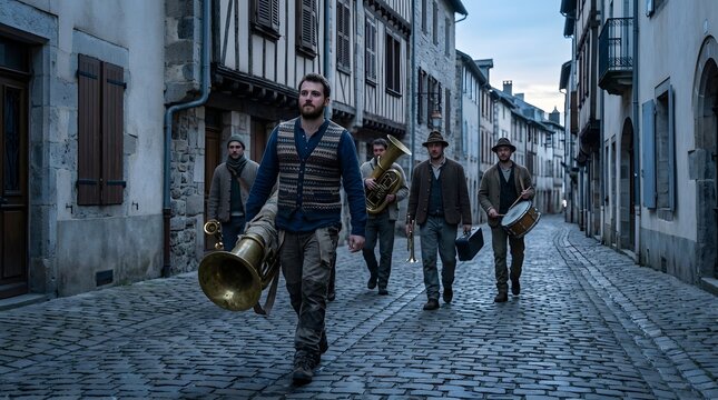 Traditional brass band marching historic cobblestone street, carrying instruments during processional street performance, dramatic blue lighting for cultural event.