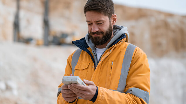 Quarry blasting crew supervisor holding detonator control box at safe perimeter, drilling rigs visible in background limestone bench, rock fragmentation operation, surface mining