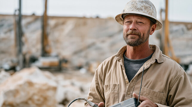 Quarry blasting crew supervisor holding detonator control box at safe perimeter, drilling rigs visible in background limestone bench, rock fragmentation operation, surface mining
