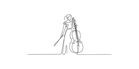 Continuous line drawing of a woman playing the cello with a bow in her hand on white background © SR