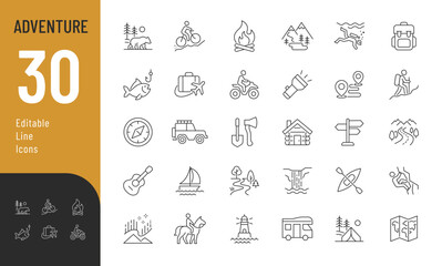 Naklejka na ściany i meble Adventure Line Editable Icons set. Vector illustration in a modern thin line style of leisure related icons: outdoor activities, transportation, landscapes,and more. Isolated on transparent background