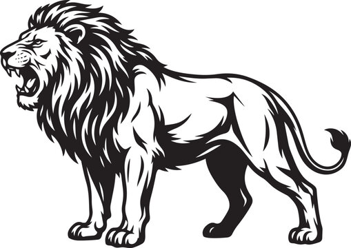 Majestic Roaring Lion Standing Vector Illustration with Detailed Mane for Mascot Branding Logo Wildlife and Heraldic Design