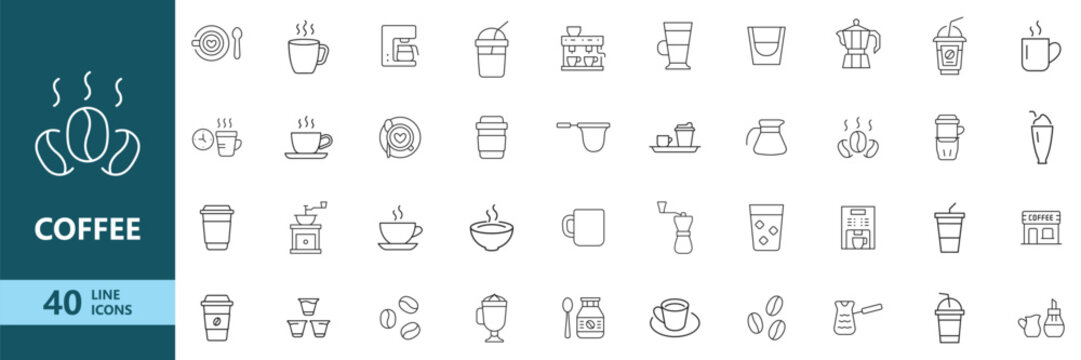 Coffee Line Icon Set. Cafe Beverage Outline Collection with Espresso, Cappuccino, Latte, Coffee Maker, Beans and Takeaway Cup Icons. Editable Stroke. Vector Illustration