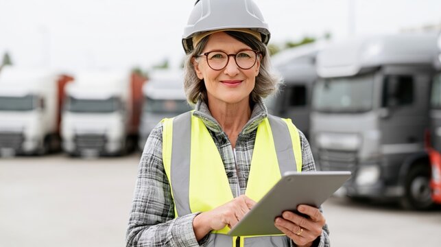 Experienced female truck driver in hard hat and vest uses tablet in truck park