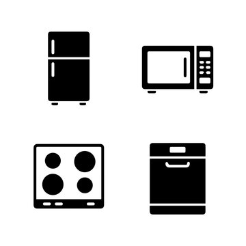 Black silhouette icons depicting a refrigerator microwave stovetop and dishwasher on a white background appliance appliances