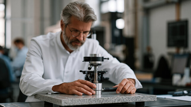 Metrologist calibrating precision torque wrench using certified reference standard on granite surface plate, ISO laboratory setting, quality assurance technician, dimensional