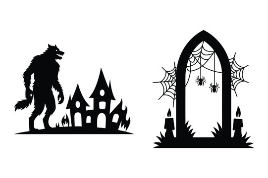 Werewolf beside haunted house and spiderweb archway silhouette with werewolf