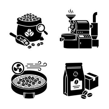 Coffee making Equipment Silhouettes Depicting Roasting Brewing And Packaging Processes On A White Background arabica bean